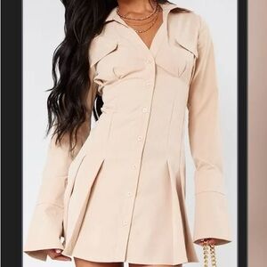 PrettyLittleThing Beige Button-Up Dress
